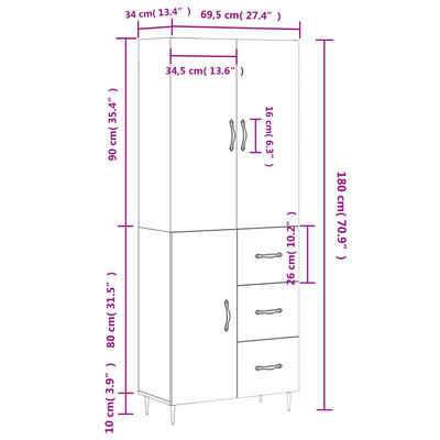 vidaXL Skříň highboard hnědý dub 69,5 x 34 x 180 cm kompozitní dřevo