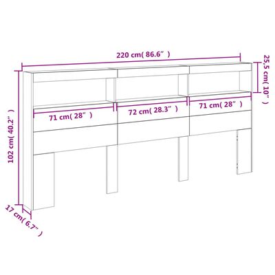 vidaXL Čelo postele s úložným prostorem a LED hnědý dub 220x17x102 cm