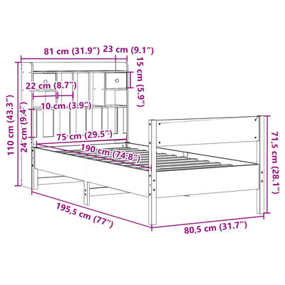 vidaXL Postel s knihovnou bez matrace hnědá 75x190 cm masivní borovice