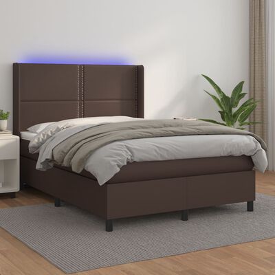 vidaXL Box spring postel s matrací a LED hnědá 140x200 cm umělá kůže