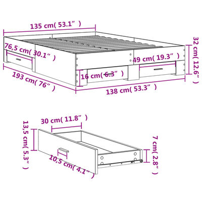 vidaXL Rám postele se zásuvkami černý 135 x 190 cm kompozitní dřevo