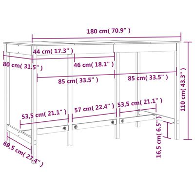 vidaXL Barový stolek medově hnědý 180x80x110 cm masivní borové dřevo