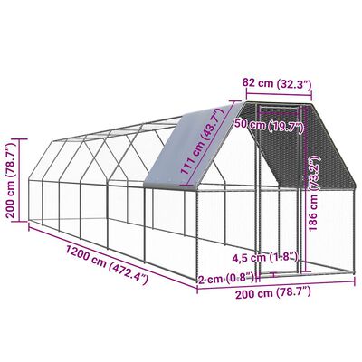 vidaXL Klec pro kuřata 2 x 12 x 2 m pozinkovaná ocel