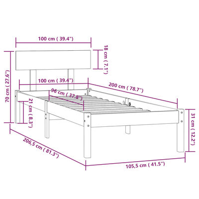 vidaXL Rám postele černý masivní borovice 100 x 200 cm