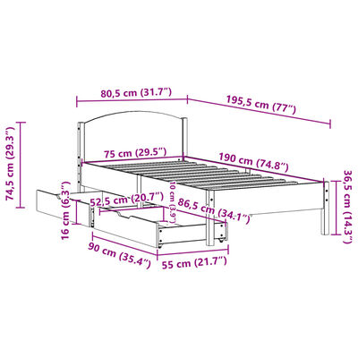 vidaXL Postel bez matrace 75 x 190 cm masivní borovice