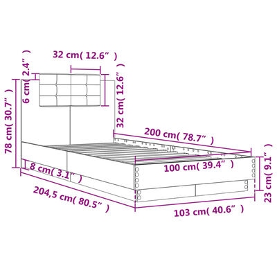 vidaXL Rám postele s čelem a LED osvětlením hnědý dub 100 x 200 cm