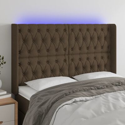 vidaXL Čelo postele s LED tmavě hnědé 147 x 16 x 118/128 cm textil