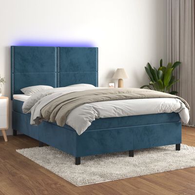 vidaXL Box spring postel s matrací a LED tmavě modrá 140x190 cm samet