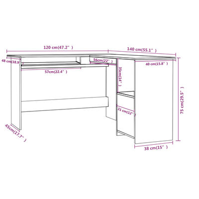 vidaXL Rohový psací stůl bílý 120 x 140 x 75 cm kompozitní dřevo