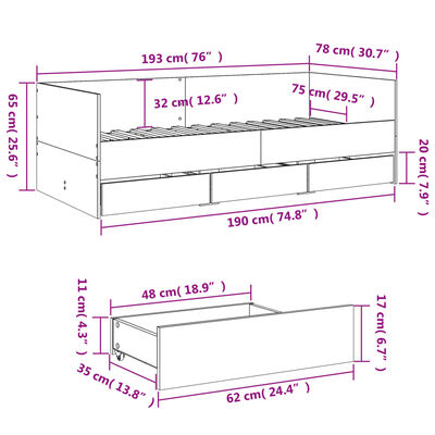 vidaXL Válenda se zásuvkami bez matrace hnědý dub 75 x 190 cm