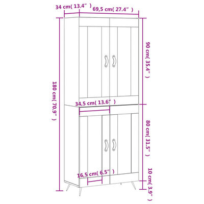 vidaXL Skříň highboard šedá sonoma 69,5 x 34 x 180 cm kompozitní dřevo