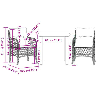 vidaXL 3dílný bistro set s poduškami černý polyratan