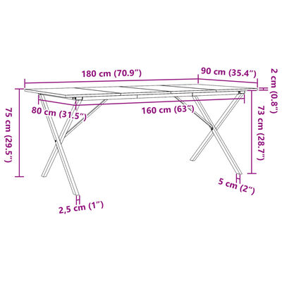 vidaXL Jídelní stůl s X rámem 180 x 90 x 75 cm borové dřevo a litina