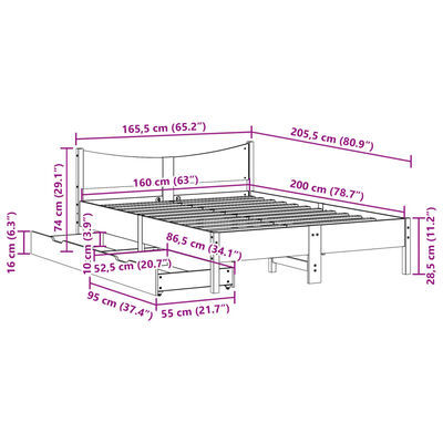 vidaXL Rám postele se zásuvkami bílý 160 x 200 cm masivní borovice