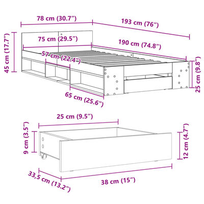 vidaXL Rám postele se zásuvkou hnědý dub 75 x 190 cm kompozitní dřevo