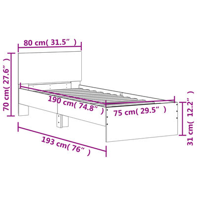 vidaXL Rám postele s čelem a LED osvětlením šedý sonoma 75 x 190 cm