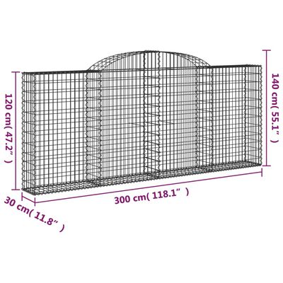 vidaXL Klenuté gabionové koše 6 ks 300x30x120/140cm pozinkované železo