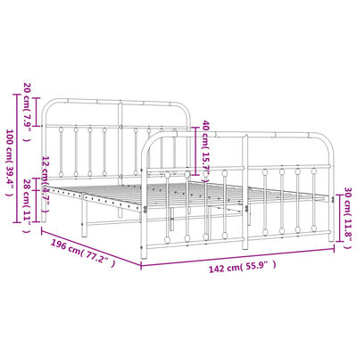 vidaXL Kovový rám postele s hlavovým a nožním čelem bílý 135 x 190 cm