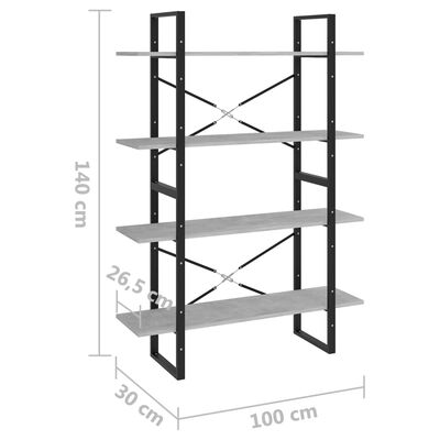 vidaXL Knihovna se 4 policemi betonově šedá 100 x 30 x 140 cm kompozit