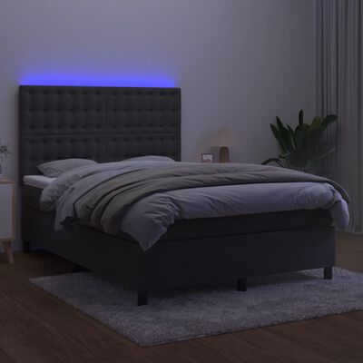 vidaXL Box spring postel s matrací a LED tmavě šedá 140x200 cm samet