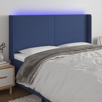 vidaXL Čelo postele s LED modré 183x16x118/128 cm textil