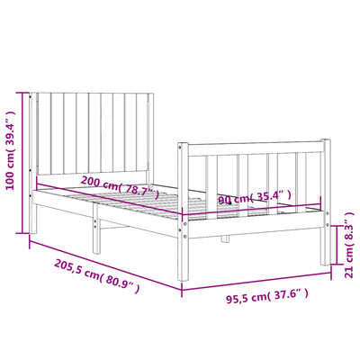 vidaXL Rám postele s čelem bílý 90 x 200 cm masivní dřevo