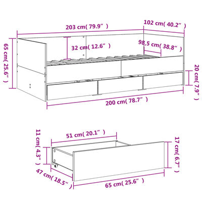 vidaXL Válenda se zásuvkami bez matrace šedá sonoma 100 x 200 cm