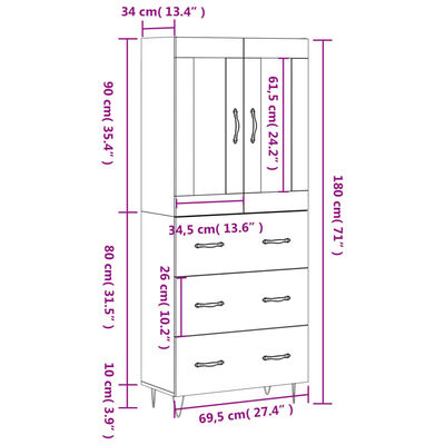 vidaXL Skříň highboard šedá sonoma 69,5 x 34 x 180 cm kompozitní dřevo