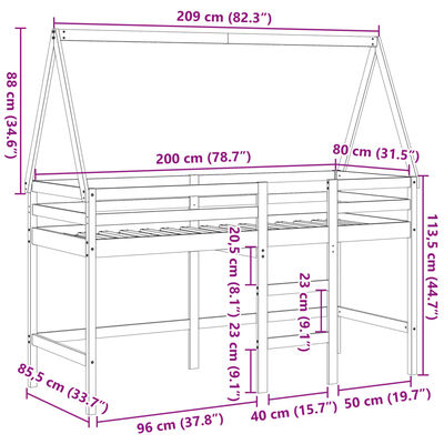 vidaXL Patrová postel s žebříkem a střechou bílá 80 x 200 cm borovice