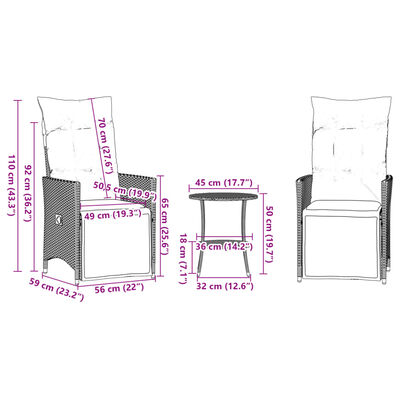 vidaXL 3dílný bistro set s poduškami černý polyratan