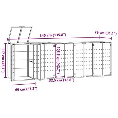 vidaXL Box na 5 popelnic šedý 345 x 79 x 117 cm ocel