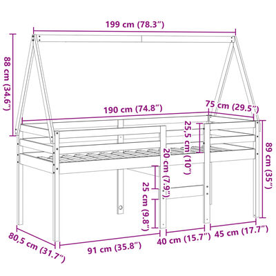 vidaXL Patrová postel se střechou voskově hnědá 75 x 190 cm borovice