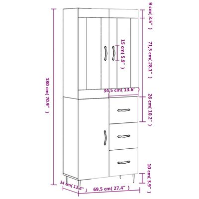 vidaXL Skříň highboard šedá sonoma 69,5 x 34 x 180 cm kompozitní dřevo