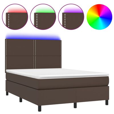 vidaXL Box spring postel s matrací a LED hnědá 140x200 cm umělá kůže