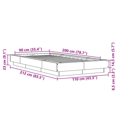 vidaXL Rám postele s LED osvětlením šedý sonoma 90 x 200 cm kompozit