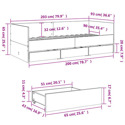 vidaXL Válenda se zásuvkami šedá sonoma 90 x 200 cm kompozitní dřevo