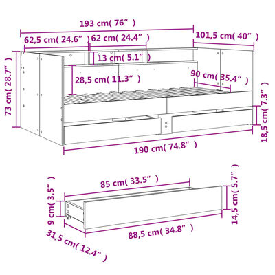 vidaXL Válenda se zásuvkami bez matrace dub sonoma 90 x 190 cm