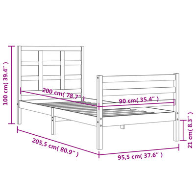 vidaXL Rám postele s čelem bílý 90 x 200 cm masivní dřevo