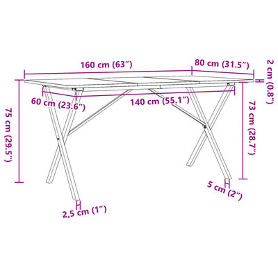 vidaXL Jídelní stůl s X rámem 160 x 80 x 75 cm borové dřevo a litina