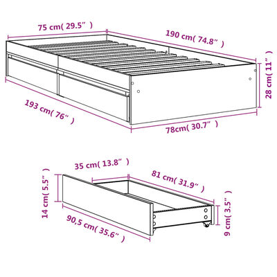 vidaXL Rám postele se zásuvkami dub sonoma 75x190 cm kompozitní dřevo