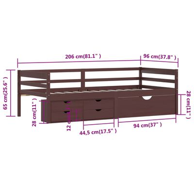 vidaXL Rám postele se zásuvkami tmavě hnědý borovice 90 x 200 cm