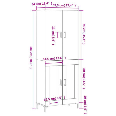 vidaXL Skříň highboard bílá 69,5 x 34 x 180 cm kompozitní dřevo