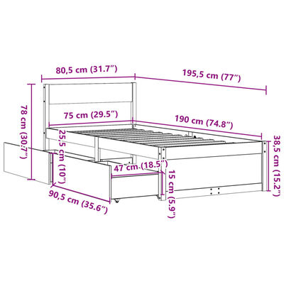 vidaXL Postel bez matrace 75 x 190 cm masivní borovice