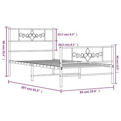 vidaXL Kovový rám postele s hlavovým a nožním čelem bílý 80 x 200 cm