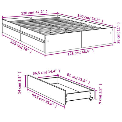 vidaXL Rám postele se zásuvkami betonově šedý 120 x 190 cm kompozit