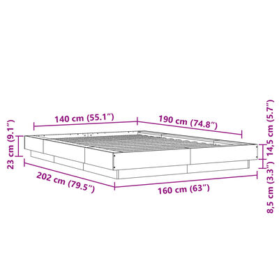 vidaXL Rám postele s LED osvětlením hnědý dub 140 x 190 cm kompozit