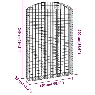 vidaXL Klenutý gabionový koš 150 x 30 x 220/240 cm pozinkované železo