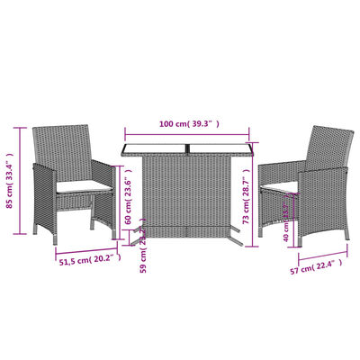 vidaXL 3dílný bistro set s poduškami hnědý polyratan