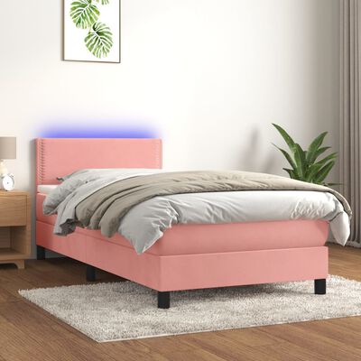 vidaXL Box spring postel s matrací a LED růžová 100x200 cm samet