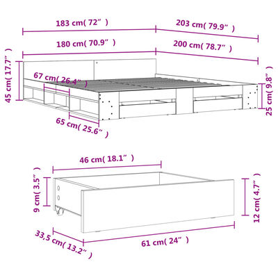 vidaXL Rám postele se zásuvkami šedý sonoma 180 x 200 cm kompozit